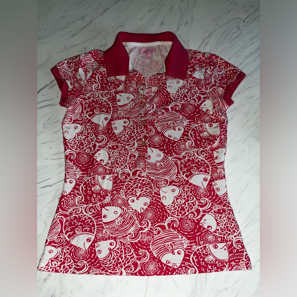 Lilly pulitzer pique polo pink white fish print shirt bluse top collar a collar